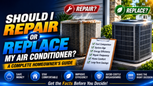 HVAC technician evaluating an older home air conditioner to help a Temecula homeowner decide whether to repair or replace it