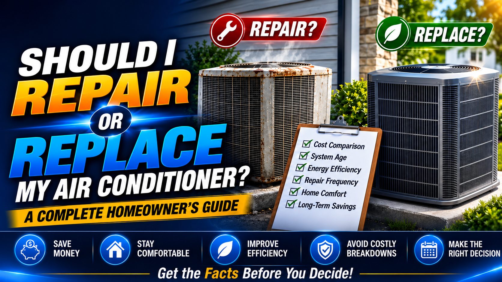 HVAC technician evaluating an older home air conditioner to help a Temecula homeowner decide whether to repair or replace it
