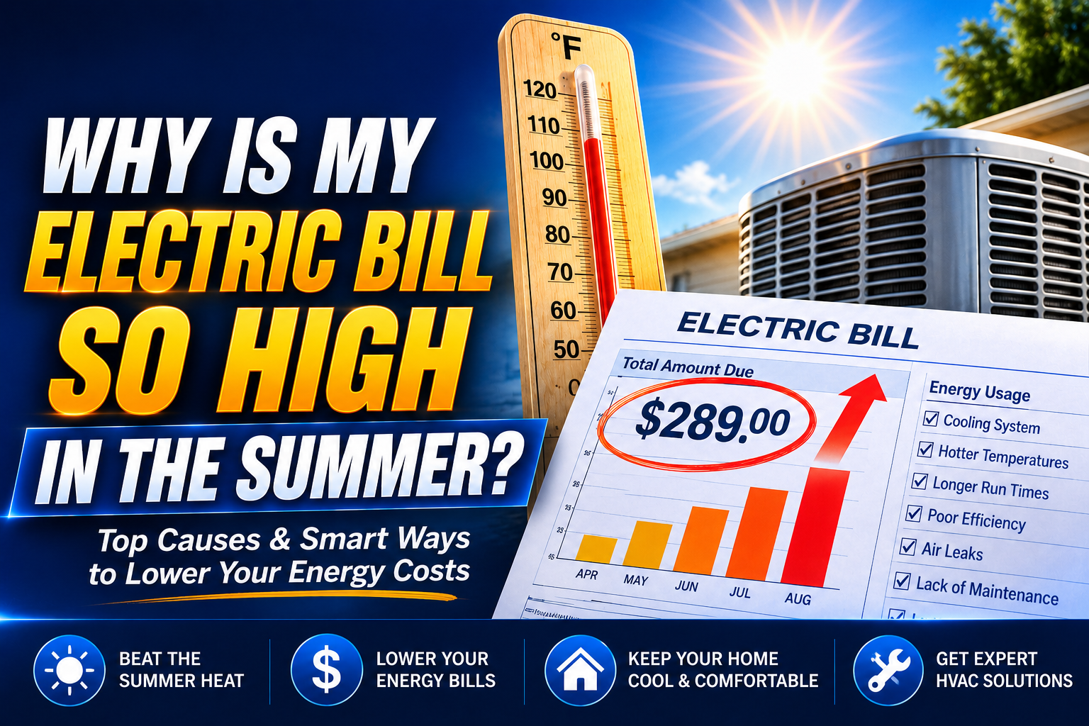 Technician inspecting a residential HVAC system to diagnose high summer electric bills.
