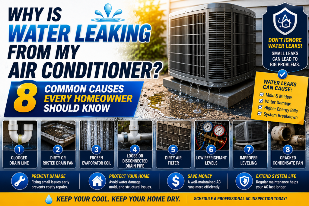 Water pooling beneath an indoor air handler from a clogged AC condensate drain line in a Temecula home