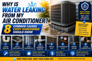 Water pooling beneath an indoor air handler from a clogged AC condensate drain line in a Temecula home
