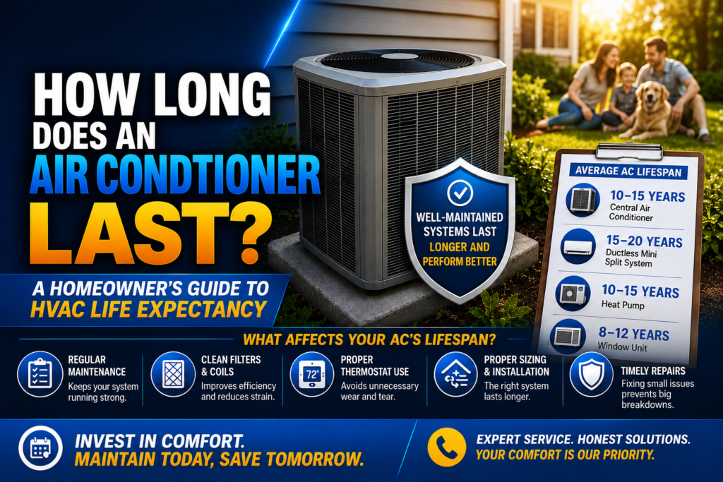 Older residential air conditioner condenser unit outside a Temecula home, illustrating HVAC life expectancy