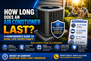 Older residential air conditioner condenser unit outside a Temecula home, illustrating HVAC life expectancy