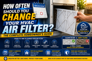 Homeowner replacing a dirty pleated HVAC air filter in a Temecula home
