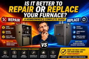 HVAC technician inspecting an older gas furnace to help a Temecula homeowner decide whether to repair or replace it