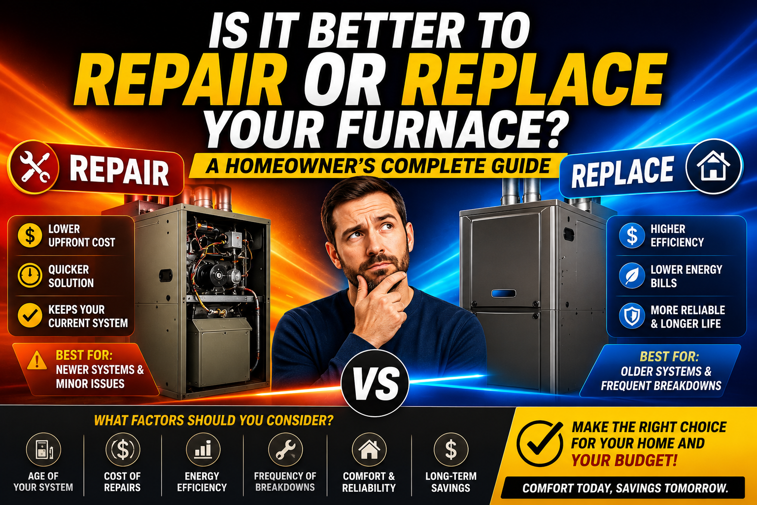 HVAC technician inspecting an older gas furnace to help a Temecula homeowner decide whether to repair or replace it