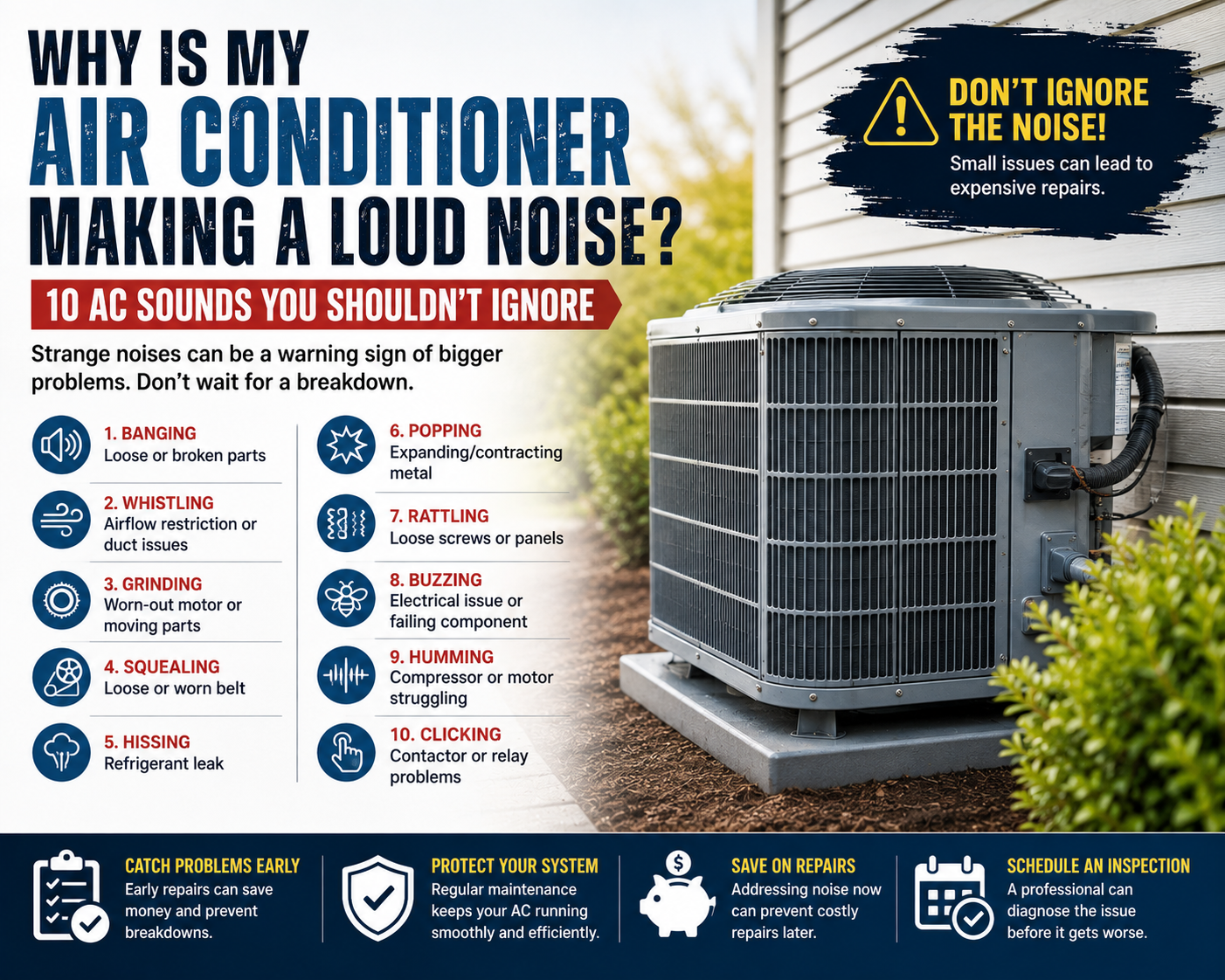 Homeowner listening to a loud outdoor air conditioner condenser unit in a Temecula backyard