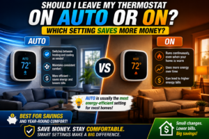 Close-up of a home thermostat showing the fan AUTO and ON options in a Temecula home
