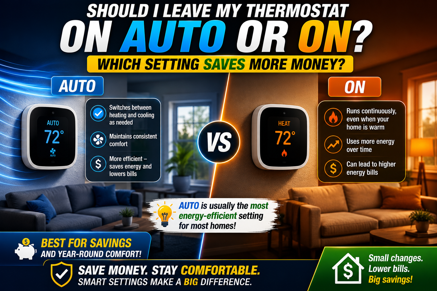 Close-up of a home thermostat showing the fan AUTO and ON options in a Temecula home