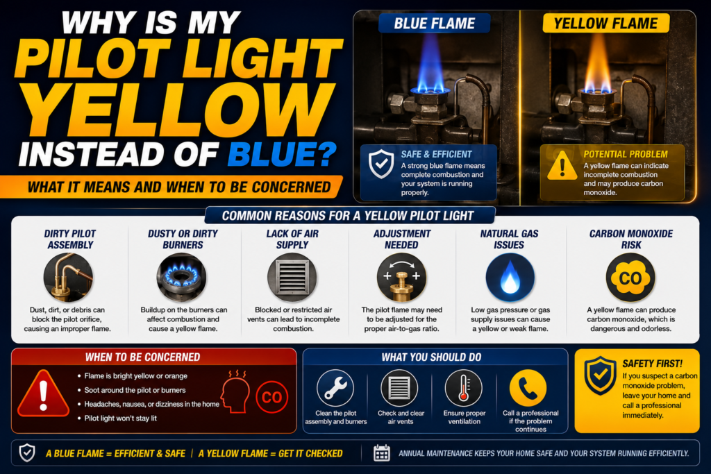 Comparison of a healthy blue furnace burner flame versus a yellow flame indicating a combustion issue