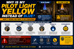 Comparison of a healthy blue furnace burner flame versus a yellow flame indicating a combustion issue