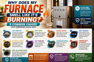 Homeowner noticing a burning smell from a heating vent at the first furnace startup of the season in Temecula