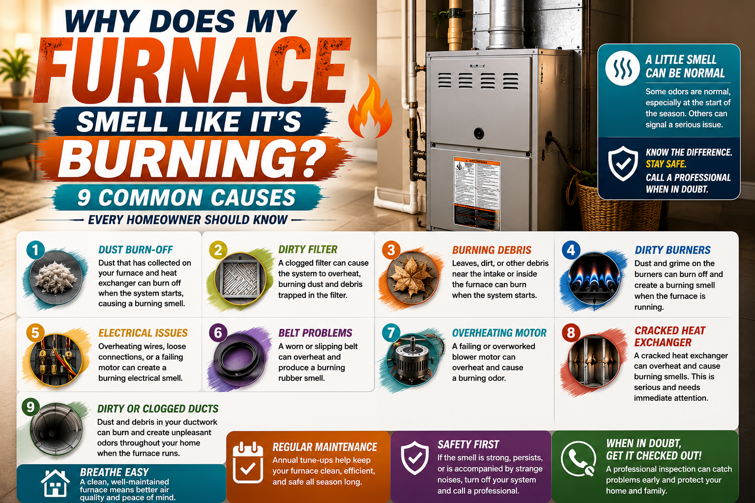 Homeowner noticing a burning smell from a heating vent at the first furnace startup of the season in Temecula