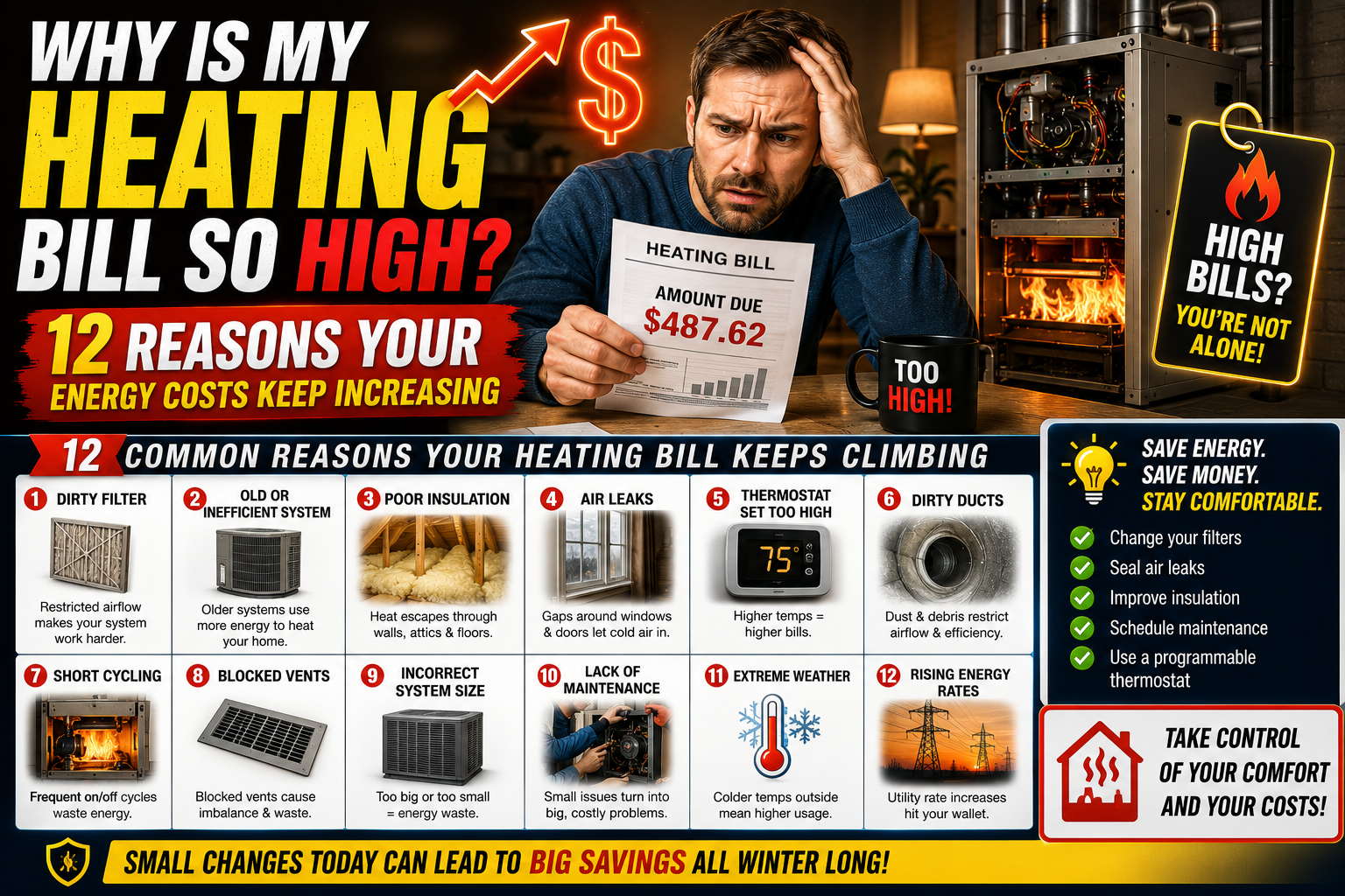 Homeowner reviewing a high winter heating bill next to a thermostat in a Temecula home