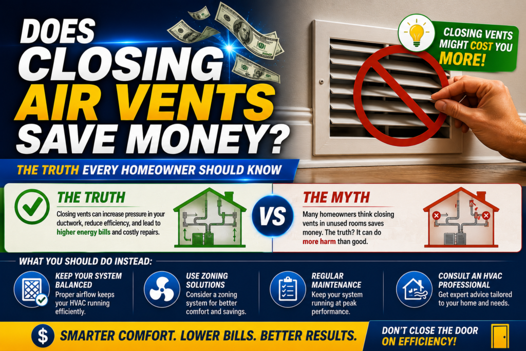 Hand closing a home supply air vent register, illustrating how restricted HVAC airflow affects efficiency