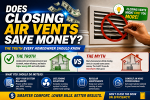 Hand closing a home supply air vent register, illustrating how restricted HVAC airflow affects efficiency