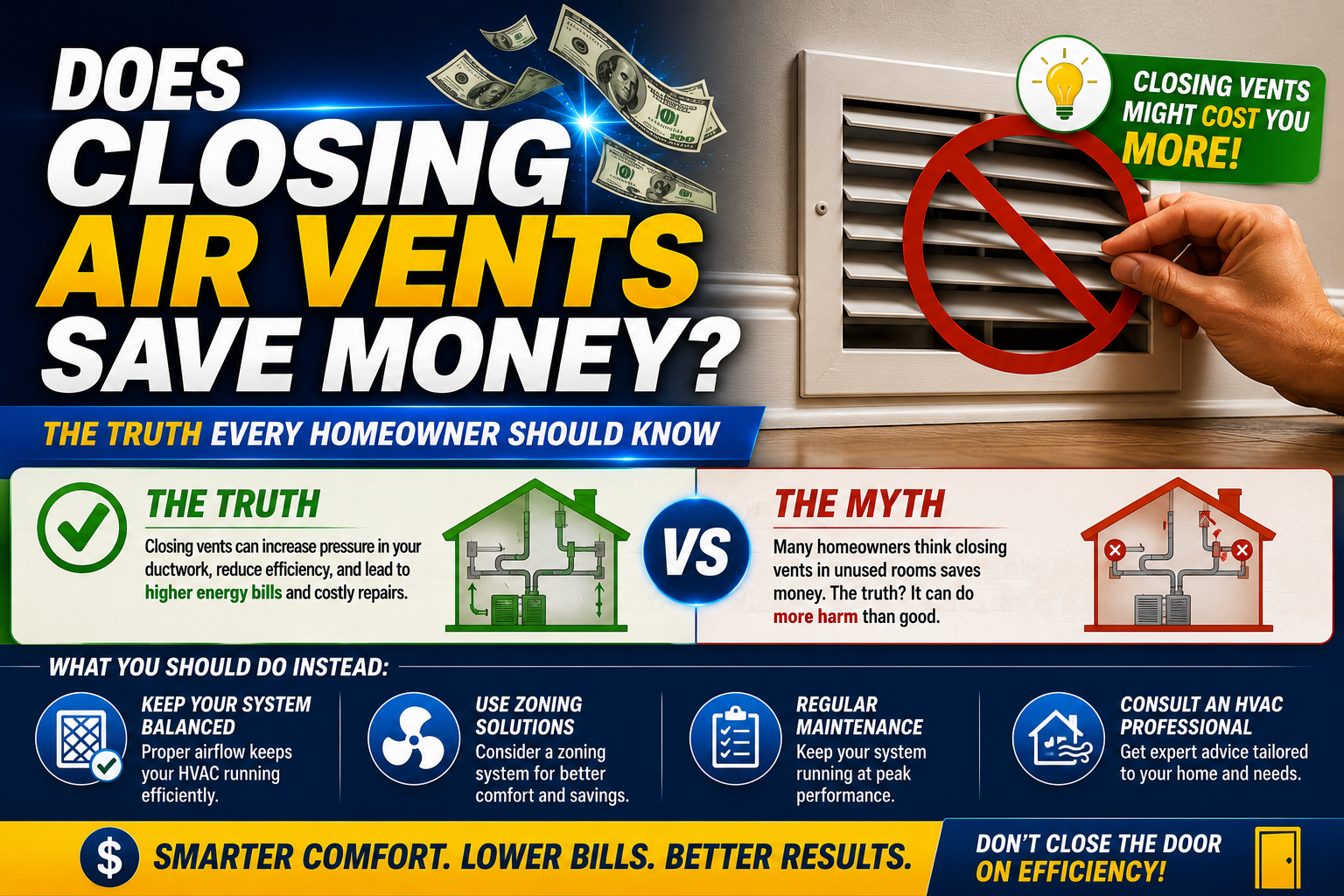 Hand closing a home supply air vent register, illustrating how restricted HVAC airflow affects efficiency