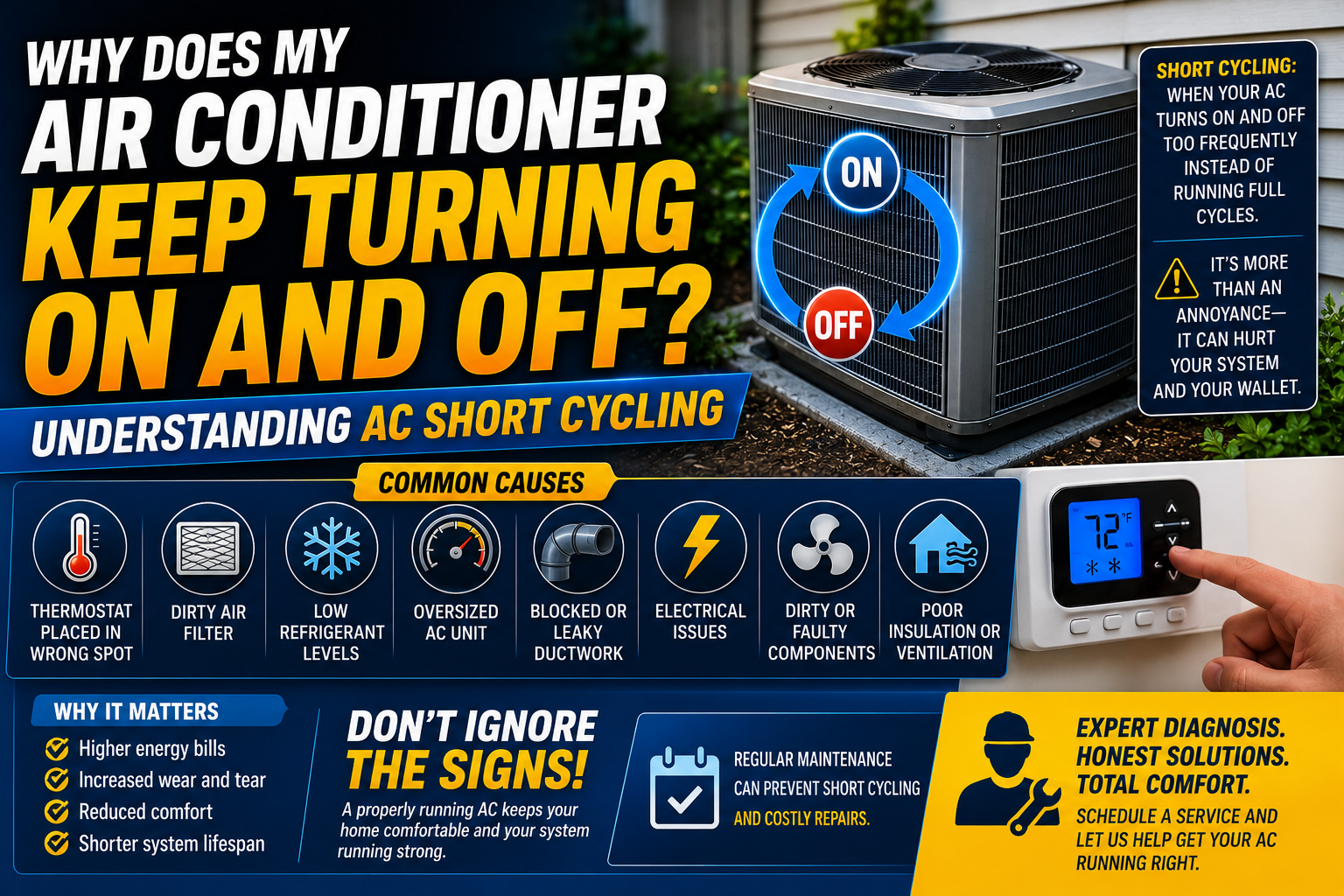 Home air conditioner condenser cycling on and off, illustrating AC short cycling in a Temecula home