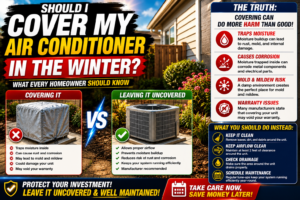 Outdoor air conditioner condenser beside a home in winter, with a breathable top cover keeping leaves out