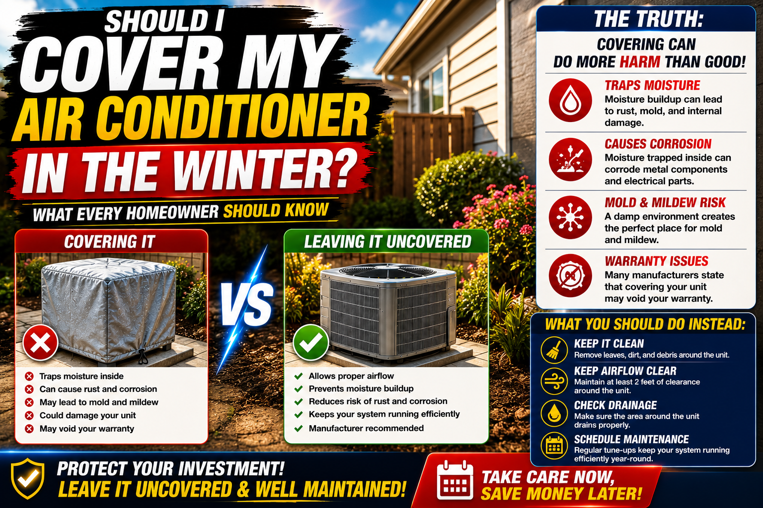 Outdoor air conditioner condenser beside a home in winter, with a breathable top cover keeping leaves out
