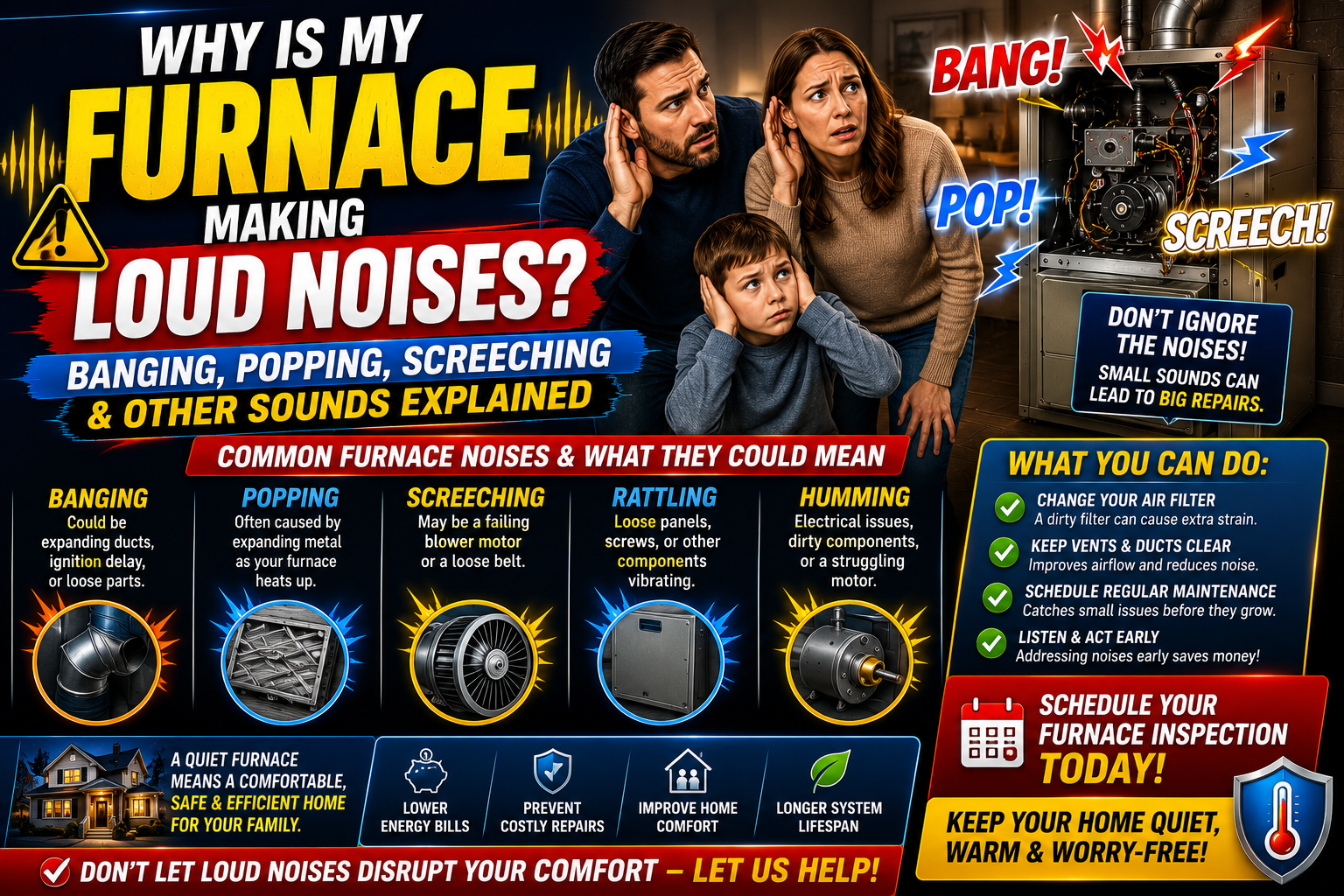 Homeowner listening to a noisy furnace to identify a banging or grinding sound in a Temecula home