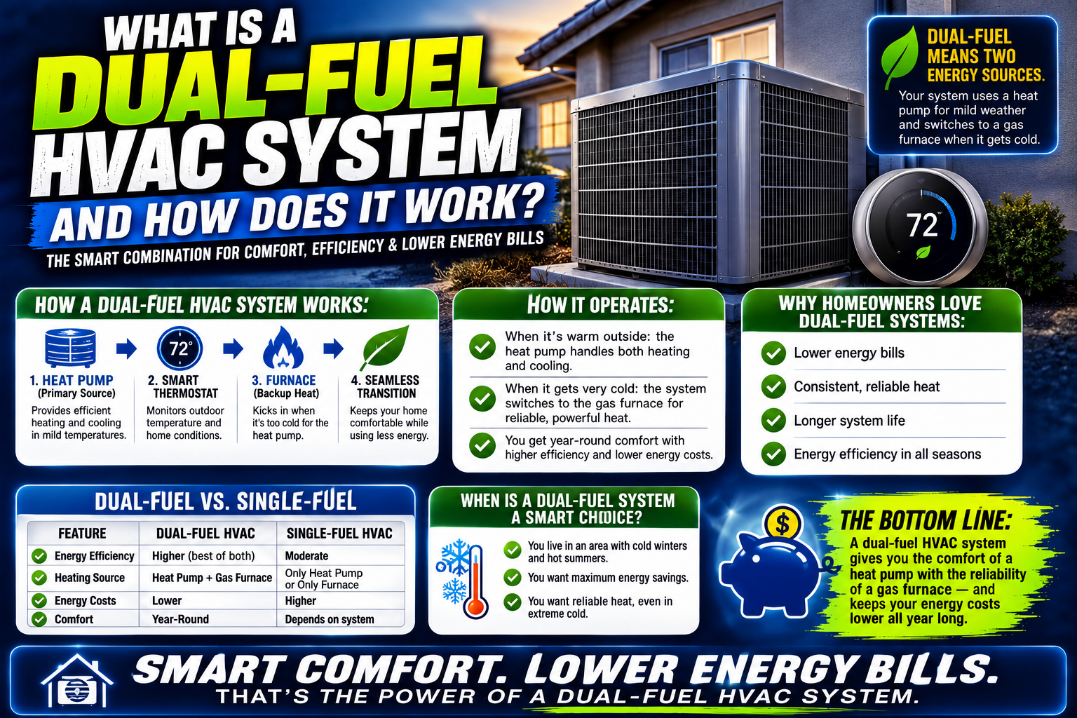 Dual-fuel HVAC system pairing an outdoor heat pump with a gas furnace at a Temecula Valley home