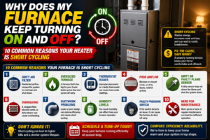 Homeowner adjusting a thermostat while a furnace short cycles on and off in a Temecula home