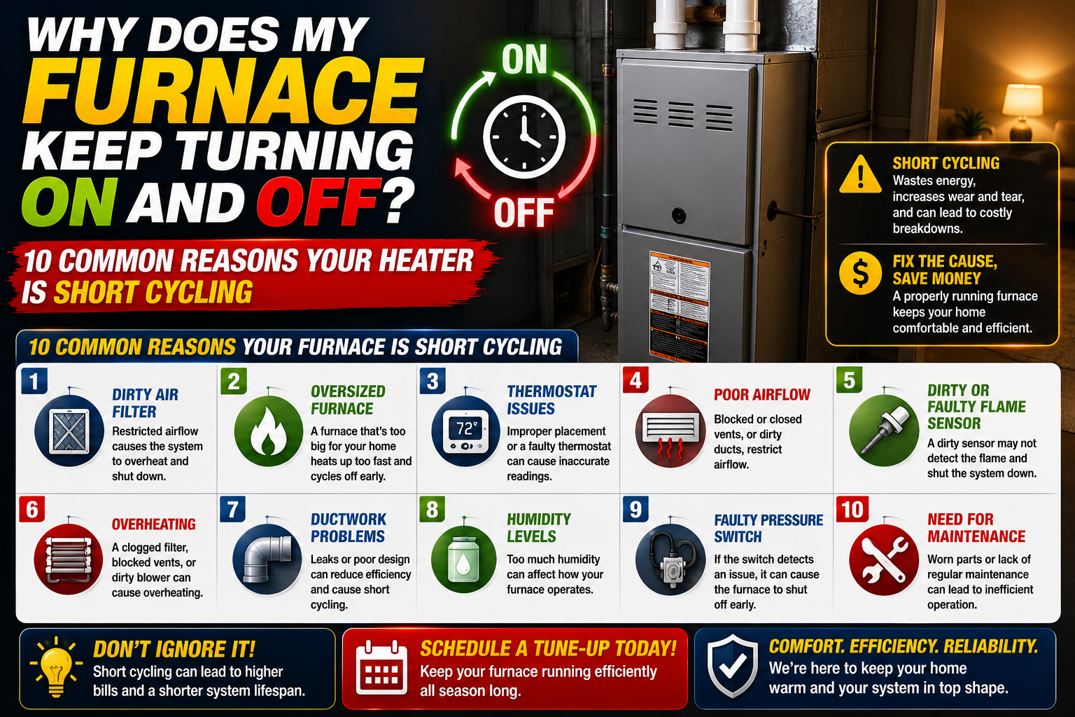 Homeowner adjusting a thermostat while a furnace short cycles on and off in a Temecula home