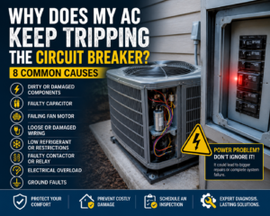 Homeowner resetting a tripped air conditioner circuit breaker in a home electrical panel in Temecula