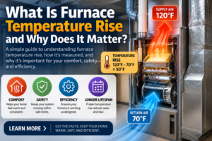 HVAC technician measuring furnace supply and return air temperature to check temperature rise in a Temecula home