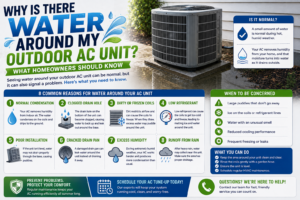 Water pooling on the concrete pad beneath an outdoor air conditioner condenser at a Temecula home