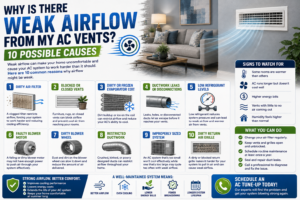 Hand held to an air supply vent feeling weak airflow from a running AC in a Temecula home