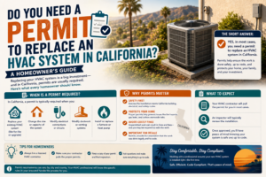 California HVAC permit and inspection paperwork alongside a newly installed AC condenser in Temecula