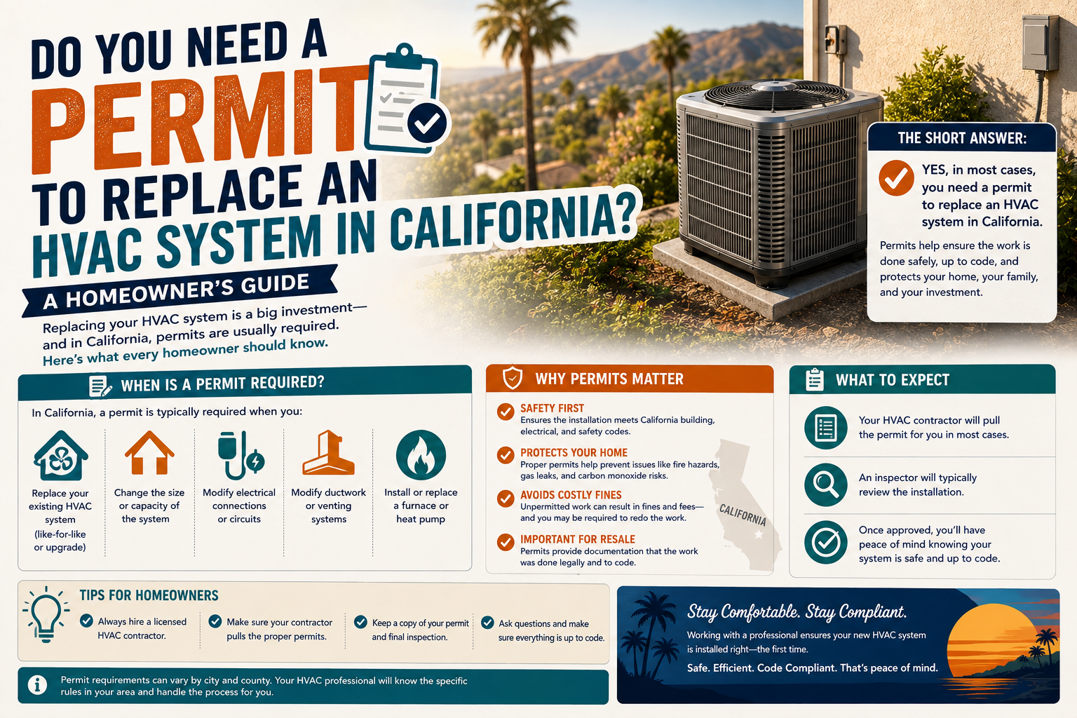 California HVAC permit and inspection paperwork alongside a newly installed AC condenser in Temecula