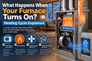 Gas furnace burners igniting during the heating startup sequence in a Temecula Valley home