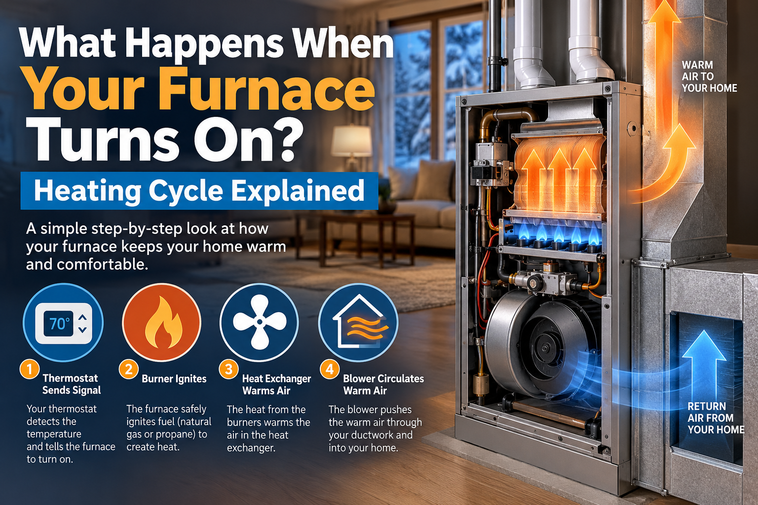 Gas furnace burners igniting during the heating startup sequence in a Temecula Valley home