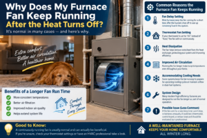 Furnace blower running after the burners shut off in a Temecula Valley home, with a thermostat fan setting shown