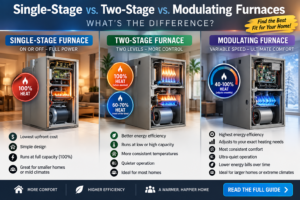 New high-efficiency two-stage or modulating gas furnace being compared for a Temecula Valley home