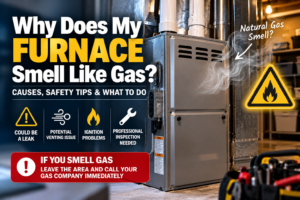 Homeowner noticing a gas odor near a furnace and preparing to leave the home safely in the Temecula Valley
