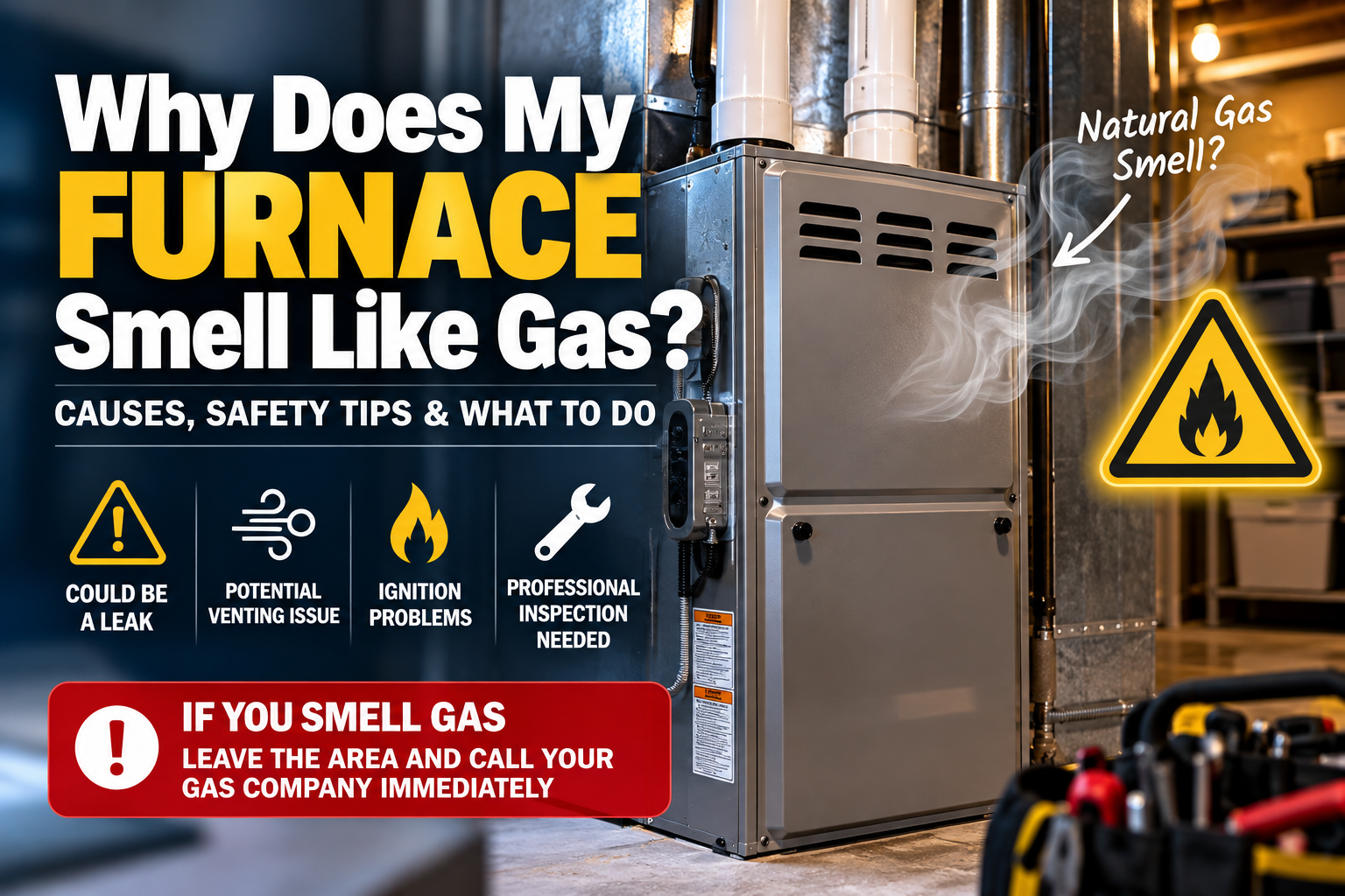 Homeowner noticing a gas odor near a furnace and preparing to leave the home safely in the Temecula Valley