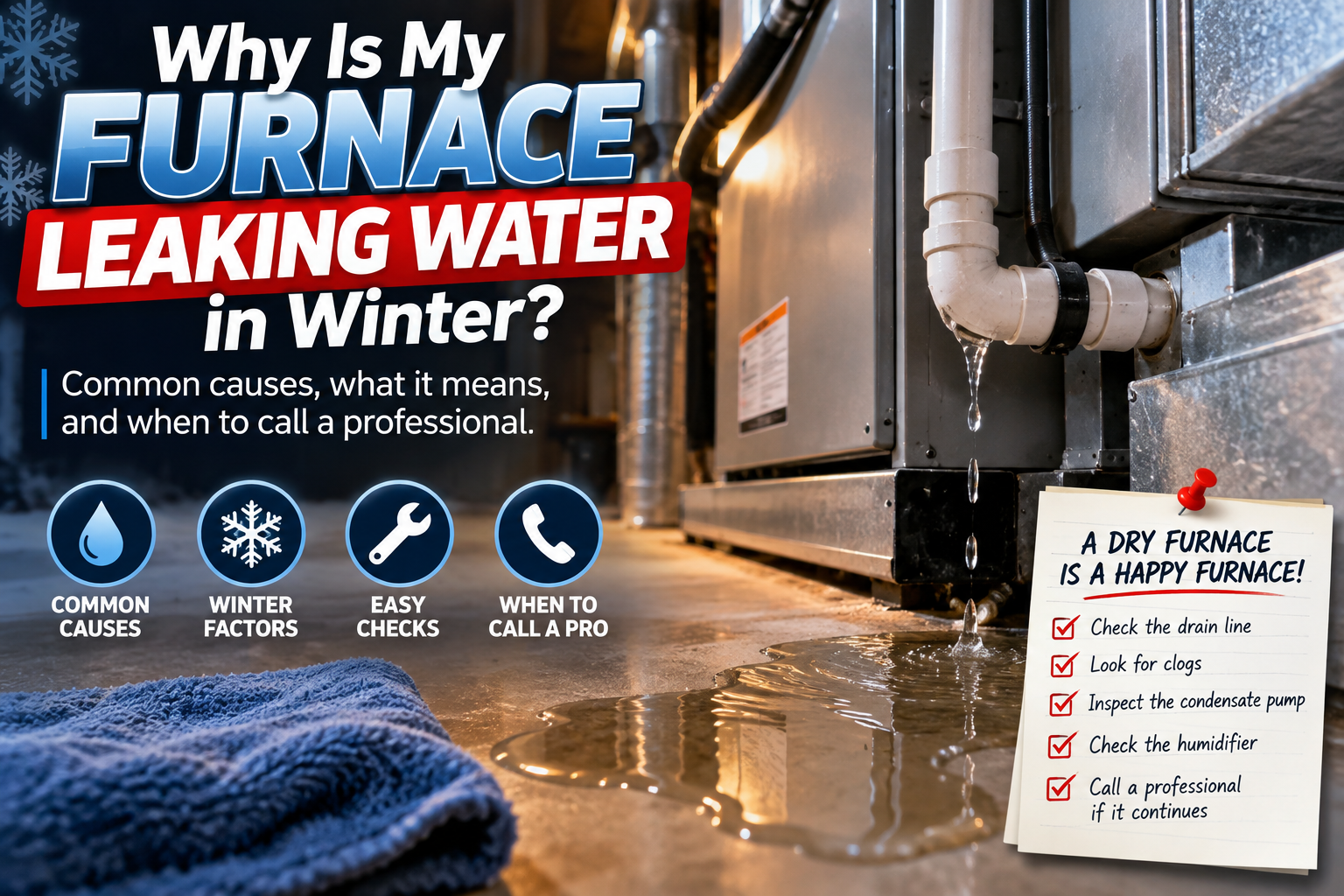 Water pooling near a high-efficiency furnace and condensate drain line in a Temecula Valley home