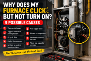 Homeowner listening to a gas furnace clicking during a failed startup in a Temecula Valley home