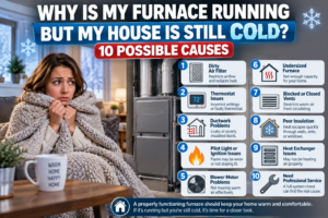 Homeowner in a coat by a thermostat while the furnace runs but the Temecula home stays cold