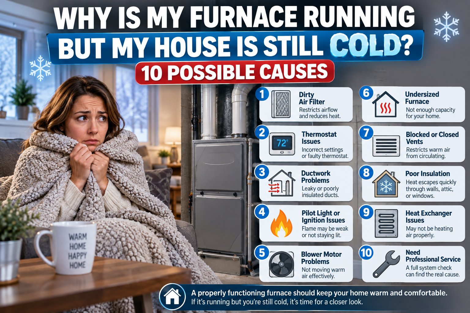 Homeowner in a coat by a thermostat while the furnace runs but the Temecula home stays cold