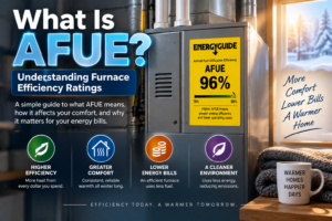 AFUE efficiency rating label on a new high-efficiency gas furnace being selected for a Temecula home