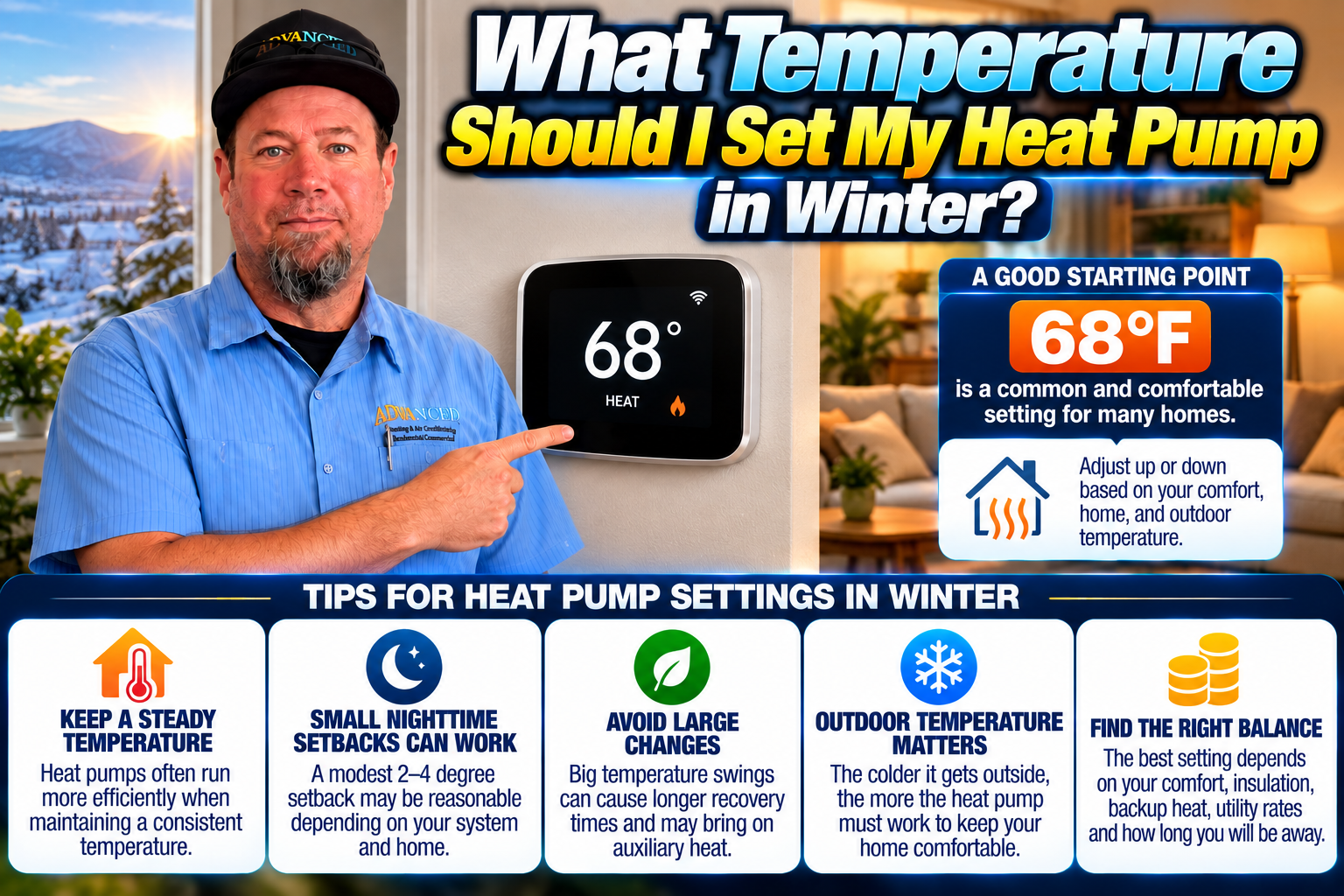 Homeowner setting a heat pump thermostat for winter in a Temecula Valley home