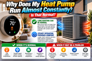 Variable-speed heat pump running steadily outside a Temecula Valley home