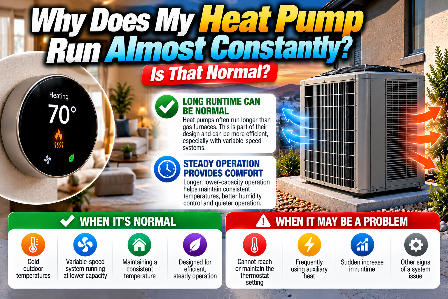 Variable-speed heat pump running steadily outside a Temecula Valley home
