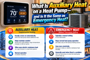 Heat pump thermostat displaying AUX HEAT in a Temecula Valley home during winter heating