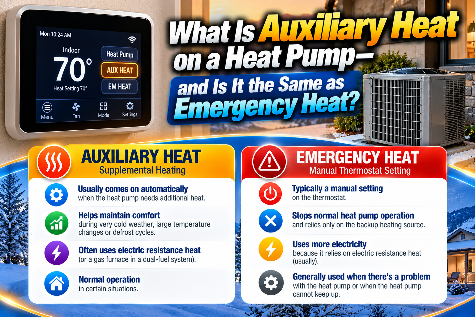 Heat pump thermostat displaying AUX HEAT in a Temecula Valley home during winter heating
